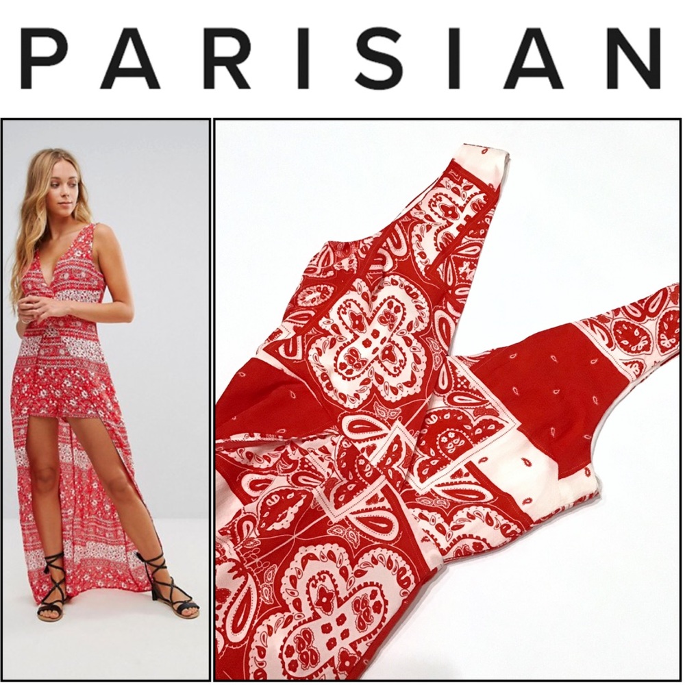 Parisian Tie Back Wrap Maxi Romper Red Paisley